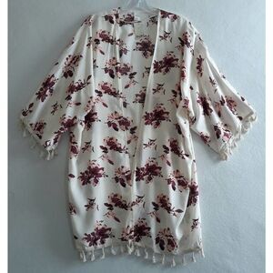 Mudd Boho Kimono Cover Up Women One Size White Burgundy Open Front Tassels NWT